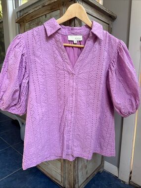 Pinch Lilac Eyelet Button-Front Puff Sleeve Top